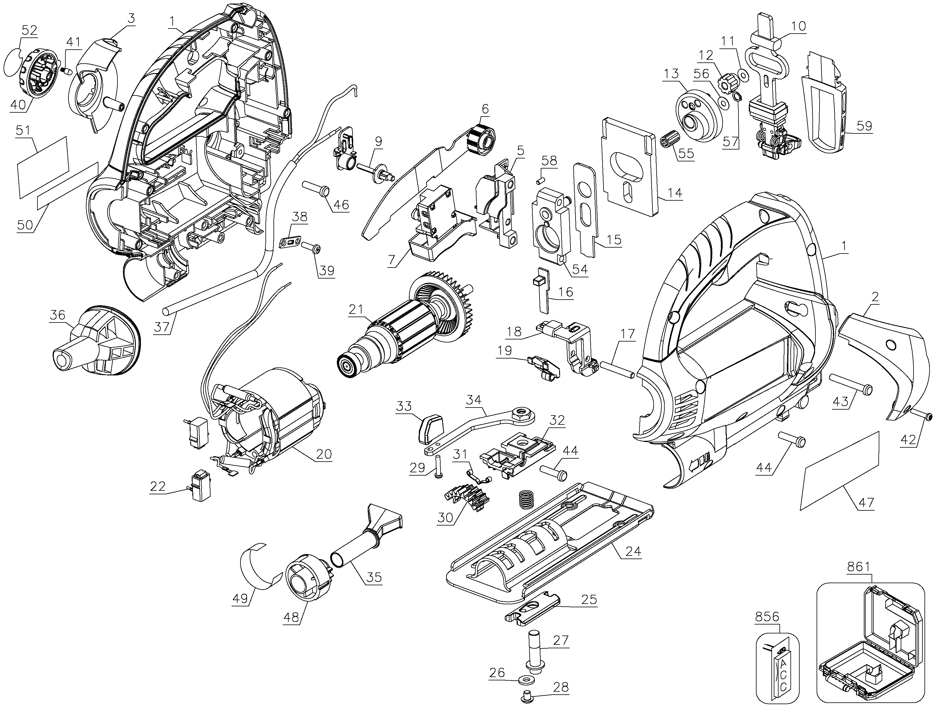 Default Diagram and Parts List for KS650K-AR Type 1 Black and Decker Jig Saw